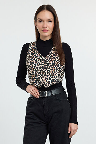 Trendyol Collection Multicolor Leopard Print Brown V-Neck Fitted Denim Vest T...
