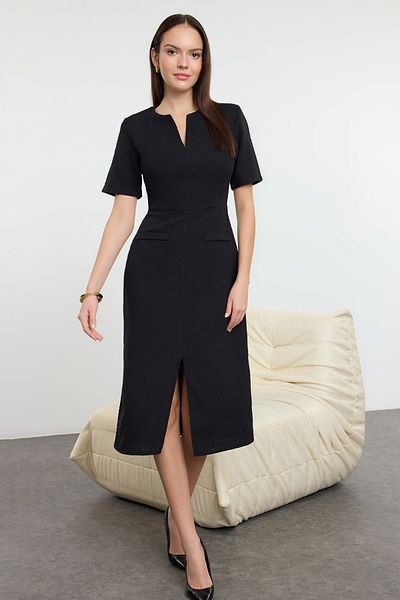 Trendyol Collection Black Belted A-Line Tweed Midi Woven Dress Twoaw25El00238