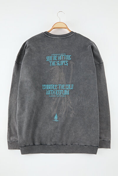 Trendyol Collection Anthracite 100% Cotton Plus Size Oversize/Wide Cut Faded Effect Sweatshirt Tmnaw25Ao00023