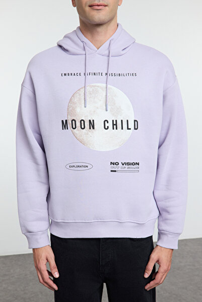 Trendyol Collection Flísová oversize mikina s kapucí s fialovým potiskem - Tmnaw25Sw00071