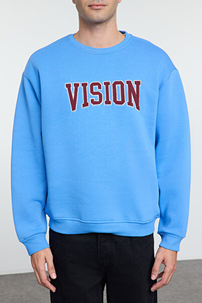 Trendyol Collection Unisex modrá vyšívaná oversize fleecová mikina - Tmnaw25Sw00015