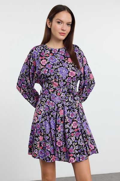 Trendyol Collection Μωβ Ζώνη Floral Μίνι Υφαντό Φόρεμα TWOAW24EL00739