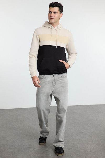 Trendyol Collection Φούτερ με κουκούλα καφέ Oversize/Wide Cut Color Block Fleece εσωτερικά TMNAW25SW00017