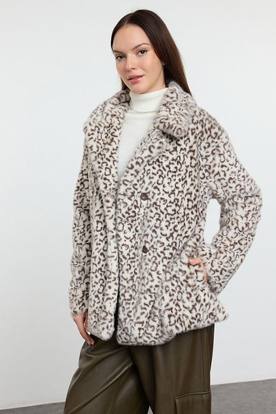 Trendyol Collection Πολύχρωμο καφέ λεοπάρ στάμπα Oversize Μακρύ γούνινο παλτό TWOAW25MO00190