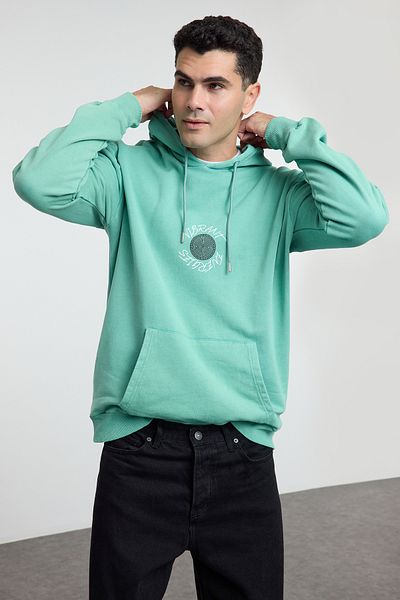 Trendyol Collection Mint Oversize/Wide Cut Text Back Potištěná mikina s vybledlým efektem bez šálu TMNAW25SW00043