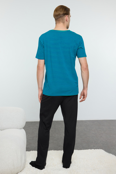 Trendyol Collection Ανδρικές πιτζάμες με πράσινη ριγέ στάμπα - κανονική εφαρμογή, 100% βαμβάκι TMNAW25PT00020