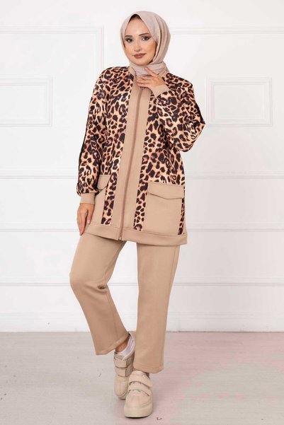 Generic Brand Set dublu cu imprimeu leopard Scuba, culoare nurcă
