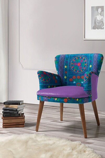 Azra Aksesuar Berjer - Tekli Koltuk - Etnik Desen - Ahşap Ayak - Mor