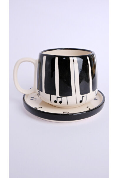 Gezdikçe Bilelim Double Ceramic Handmade Mug with Piano Patterned Plate, Ceramic Mug, Handmade, Coffee Mug