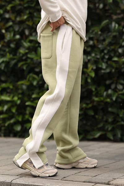 MADZEYMODA Ανδρικό φαρδύ 3 νήμα με σκίσιμο πόδι με λεπτομέρεια λευκό ριγέ πράσινο Premium παντελόνι Mz8080