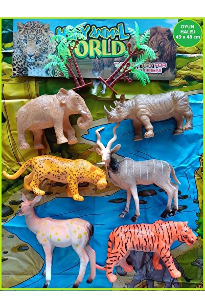 OYUNCAKSAHİLİ Hayvan Seti 9 Parça Oyuncak 49cm Oyun Alanı Fil Gergedan Çita Kaplan Geyik Ceylan