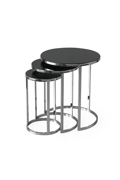 OnurEvimde Füme Ayna Camlı Krom Metal Zigon Yuvarlak Sehpa 3 lü Zigon Sehpa