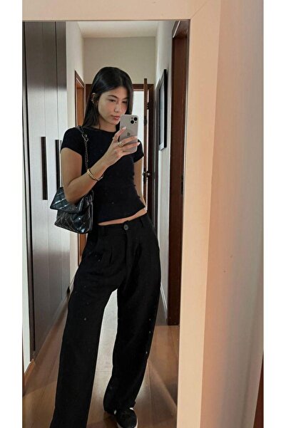 Butik Kadın Siyah Bisiklet Yaka Crop T-Shirt Crop