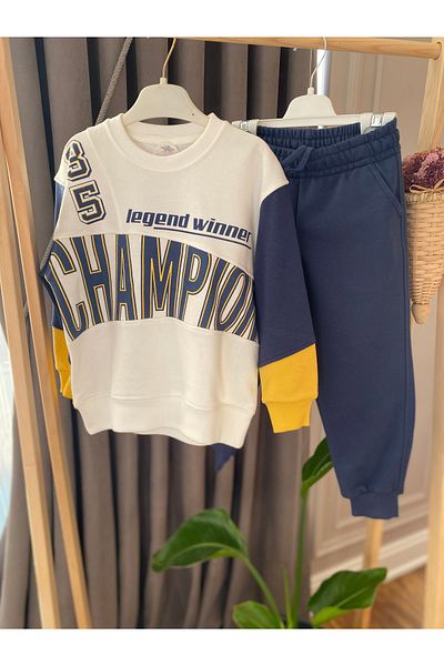 Baby Babyaden Text Printed Yellow Dark Blue Double Pockets Jogger Comfortable Boy School Tracksuit Set