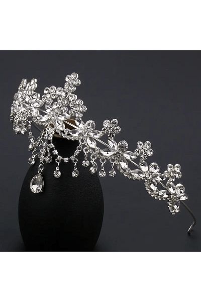 Eva Flore Crystal Jewelled Pendent Bridal Crown - Crystal Crown Hair Accessory for Weddings