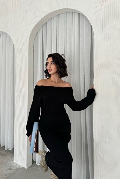 ZDABOUTİQUE Madonna Yaka İspanyol Kol Triko Siyah Kadın Elbise