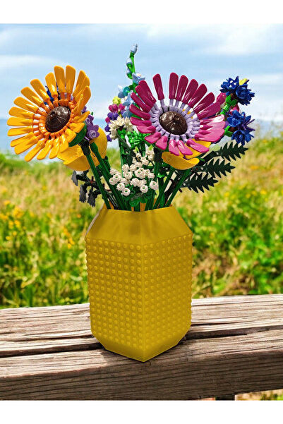 Maflen Lego Çiçek Uyumlu Özel Tasarım Büyük Dekoratif Vazo Biyoplastik Sarı