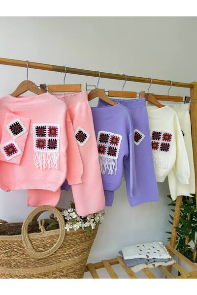 anonim طقم تريكو مكون من 3 قطع للفتيات مع رباط شعر مزين بالدانتيل