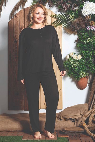 Meri Black Round Button Collar Large Size Long Sleeve Bamboo Women's Pajamas Set - M959