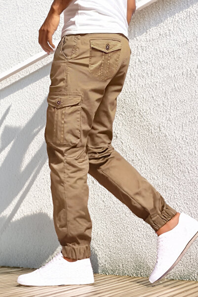 modacix Gabardin Yazlık Kumaş Kargo Pantolon - Likralı - Paçası Lastikli, Bej...