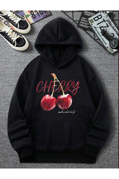 Pink Sky Hanorac negru oversize cu glugă cu imprimeu în față cireș cireș