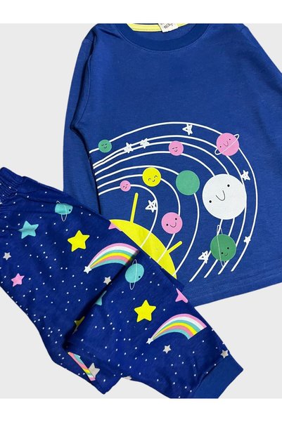 Generic Brand Girl's 100% Cotton Navy Blue Planet Star Patterned Long Sleeve Pajamas Set