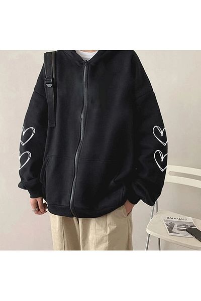 Pink Sky Black Hooded Zippered Gothic Heart Printed Sweat Cardigan with Kangaroo Pocket