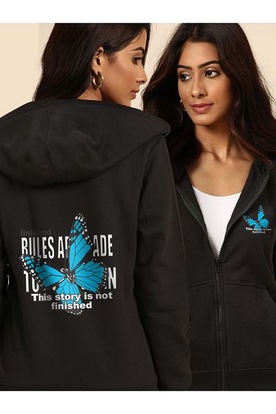 Pink Sky Women's Blue Butterfly Printed Hooded Zipper Sweatshirt