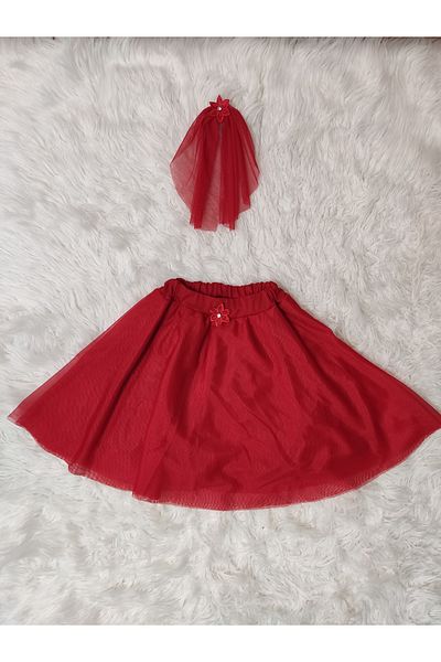 Tradinyom Girls' Red Skirt with Tutu Skirt and Hair Clip for Birthday Carnival