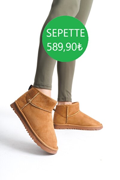 TOGET Kahverengi Kadın Bot İnce Taban Mini İçi Kürklü Süet Bot