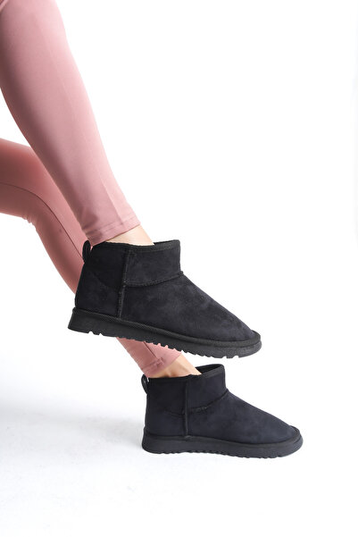 Floransa Siyah Kadın Bot İnce Taban Mini İçi Kürklü Süet Bot