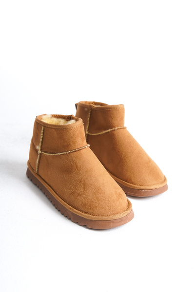 TOGET Kahverengi Kadın Bot İnce Taban Mini İçi Kürklü Süet Bot