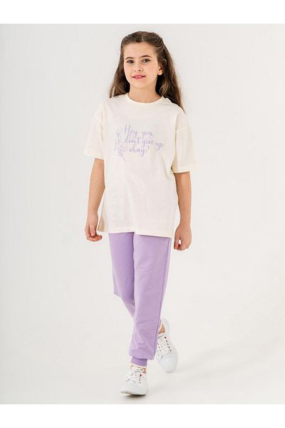 Mışıl Kids Hey You Dont Give up Okay? Printed Girl's Tracksuit T-Shirt Set