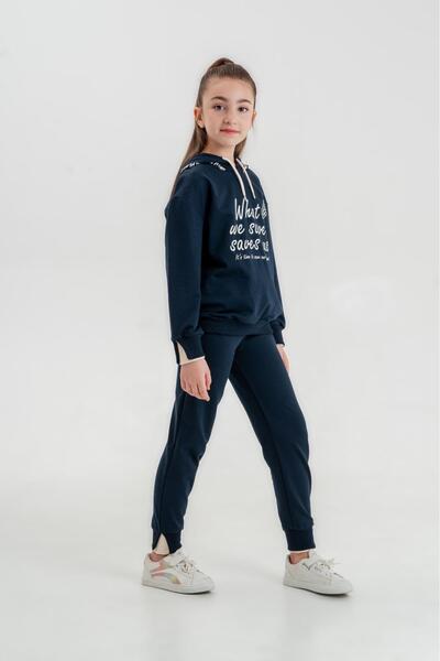 Mışıl Kids What We Save Saves Us Printed Girl's Hooded Bottom-Top Tracksuit Set