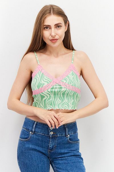 Sinsay Women V Neck Sleeveless Textured Crop Top, Green Combo