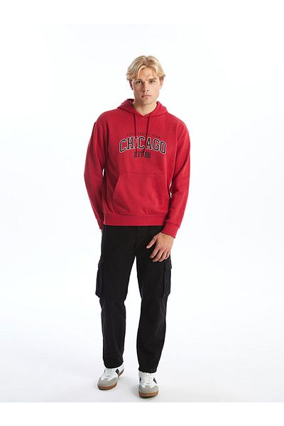 LC Waikiki Lcw Casual Kırmızı Baskılı Uzun Kollu Erkek Kalın Hoodie