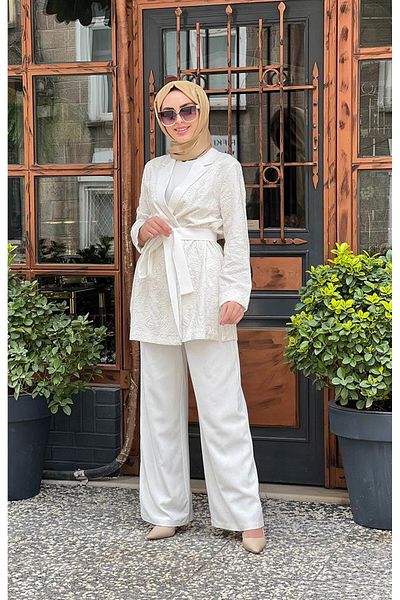 EkshiButik Nurcan Çetin Trousers Set 24464 Ecru