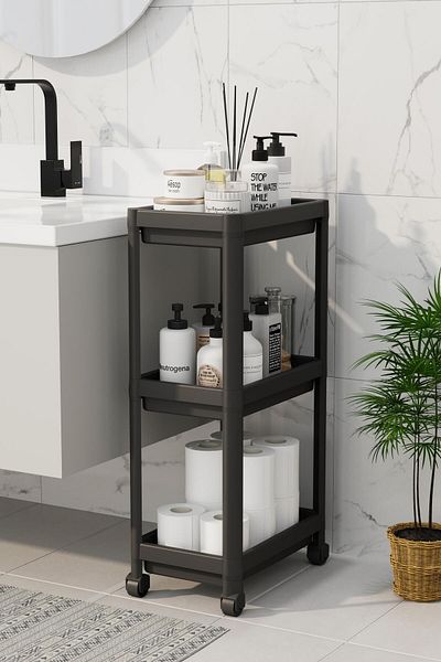 Bayev Peggy Black Wide 3 Tier Τροχοφόρο Μπάνιο, Σχάρα Κουζίνας Θήκη για Πετσέτες Απορρυπαντικό Οργανωτής Μακιγιάζ