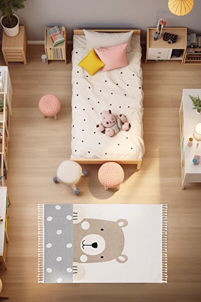 Koza Halı Sparkle Krem Kahverengi Sevimli Ayıcık Figürlü Hayvan Figürlü Çocuk...