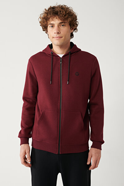 Avva Erkek Koyu Bordo Kapüşonlu 3 İplik Şardonlu Fermuarlı Regular Fit Sweatshirt E001019