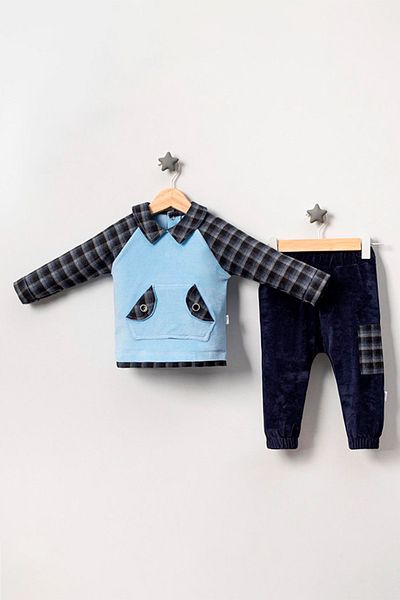 TRENDİMİZBİR Blue Plaid Patterned Double Raglan Sleeve Set - Baby Boy