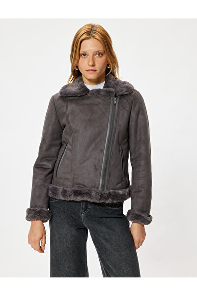 Koton Suede Biker Jacket - Plush Lined and Zippered