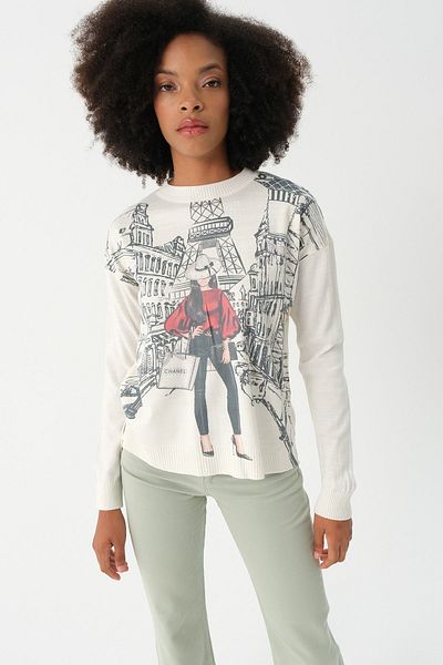 PARKhande Ecru Knitwear Sweater - Eiffel Printed Ash Design