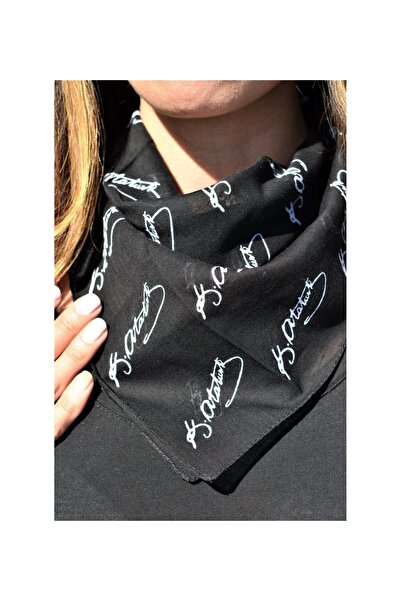 Yuchicly وشاح قماش قطني أسود مع صورة ظلية أتاتورك وتوقيع - 23 أبريل، 29 أكتوب...