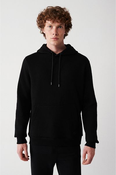 Avva Schwarzes Herren-Sweatshirt mit Kapuze und 3 Fäden aus Baumwolle E 001018