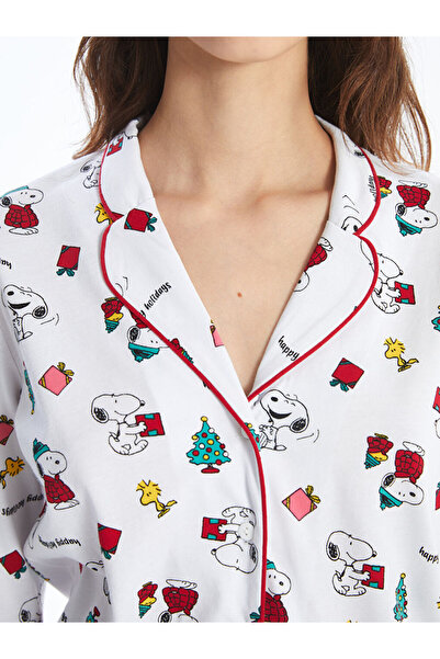 LC Waikiki LCW DREAM Ekru Gömlek Yaka Snoopy Baskılı Kadın Pijama Takımı