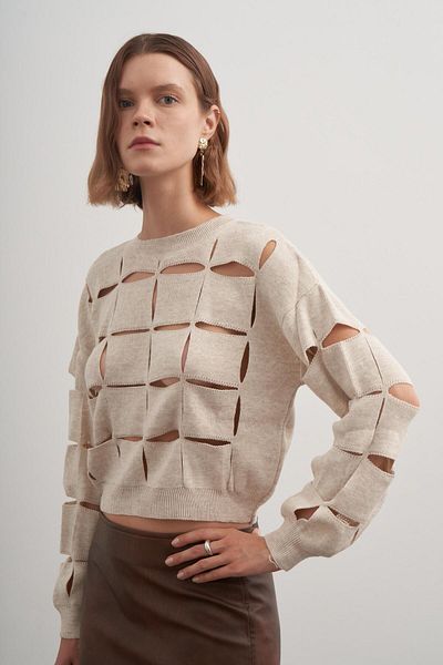 PARKhande Crew Neck Cut Detail Sweater - Stone