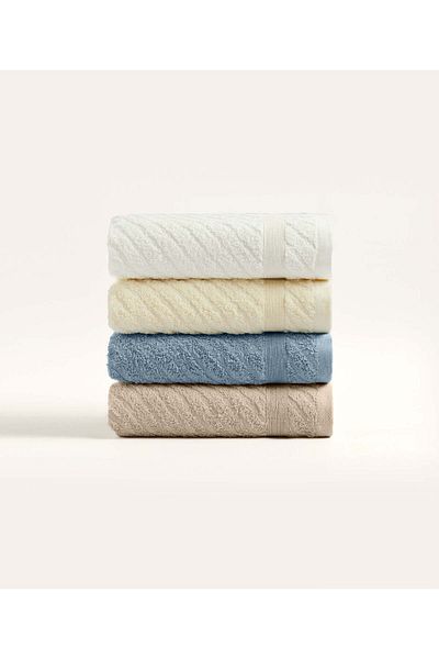 Koza Home Likya 4-Piece Face Dowry Towel Set - 100% Cotton, Jacquard Border, Cross Striped 1012a