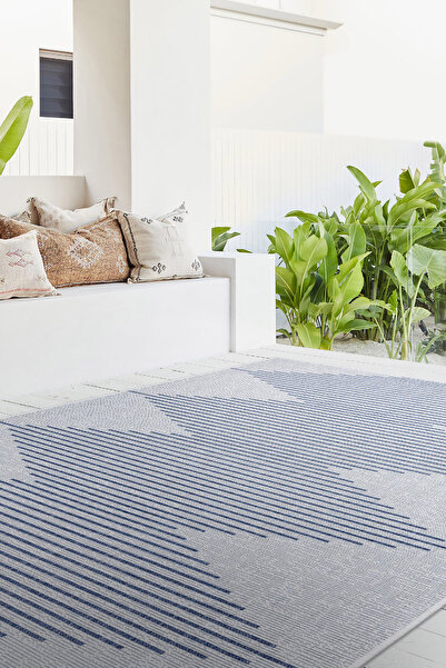 Koza Halı Fresco Ekru Lacivert Iskandinav Jüt Yıkanabilir Halı Kilim Balkon T...