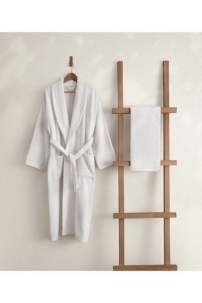 Koza Home Likya White Dowry Bathrobe Set - 100% Cotton, Set of 2, 1 Bathrobe and 1 Towel 1054a